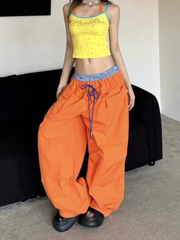Y2k Lace-up Quick-drying Cargo Pants Women Dopamine Wide-leg Casual Trouser Female Hip Pop Design Streetwear 2025 Sweatpants