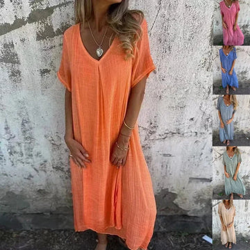 Fashionable Cotton Linen V-neck Midi Dress Women's New Arrival Independent Station Cross-border Elegant Short Sleeve Dress