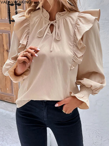 2025 Elegant Spring Female Solid Ruffle Shirt Women Casual Lantern Long Sleeve Top Autumn Office Lady Pullover Tops Clothes