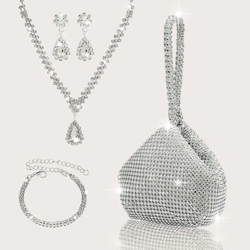 Elegant and luxurious rhinestone-encrusted evening bag and clutch, paired with a four-piece necklace, earrings and bracelet.