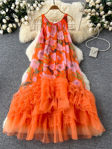 SINGREINY French Vintage Print Dress Women O-Neck Spaghetti Strap Mesh Splice Irregular Ruffles Beach Fashion Ball Gown Dresses