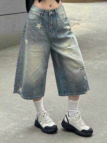 Retro Vintage Loose Wide Leg Jeans Fashion Women Star Print Y2K Harajuku Denim Shorts Casual Streetwear High Waist Washed Pants
