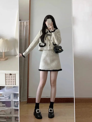 Fashionable Color Blocking Woolen Jacket Skirt 2-Piece Set Women's Winter Deep Winter Matching Outfit Beautiful Suit Dress
