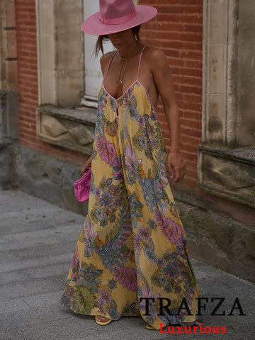 TRAFZA Beach Sexy Chic Women Dress Print Sleeveless Backless Party Dress Fashion 2025 Spring Summer Elegant Evening Club Dress