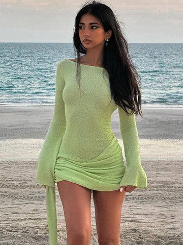 2025 Beach Style Backless Sexy Dress Women Elegant Long Sleeve Slim Fit Short Dress Boho Holiday Summer Streetwear Y2K Outfits