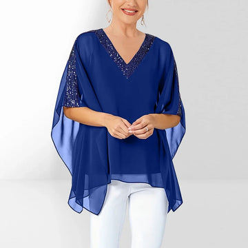 Plus Size Mesh Sequins V-Neck Women’s Elegant Shirt Blouse Split Batwing Sleeve Solid Tierred Irregular Casual Summer Female Top