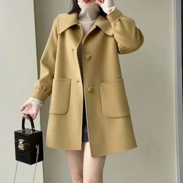 Autumn Winter New Style Slimming Long Coat with Heart Buckle Doll Collar Knitted Outerwear for Women Chinese Brand AE Stock