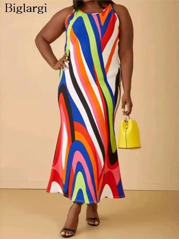 Plus Size Summer Slip Sleeveless Dress Women Striped Print Fashion Ruffle Elegant Ladies Dresses Slim High Waist Woman Dress