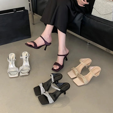 Fashion Ladies Summer Sandals Sexy Open Toe Rhinestone Spaghetti Straps Party Dress High Heel Slippers Women