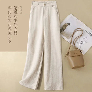 Summer Baggy Cotton Linen Pants Women Elegant High Waist White Wide Leg Pants Woman Casual Loose Straight Streetwear Bottom New