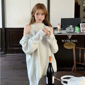 High Neck Off Shoulder Sweater for Women Loose Fitting Autumn and Winter Medium to Long Length Worn Outside Hollow Knit Dress