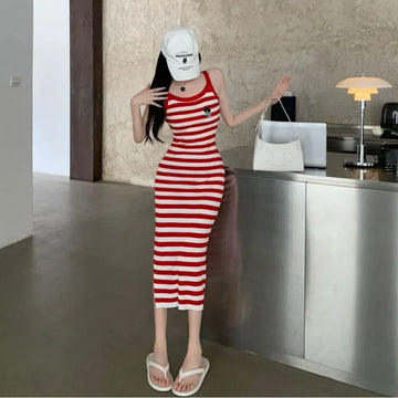 Summer Korean Style Stripe Strapless Dress Women Slimming Fashionable Long Skirt Princess Sleeve Polo Collar Midi Dress
