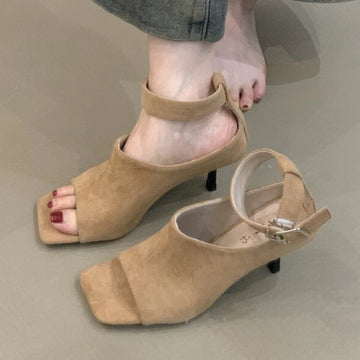 Vintage Square Toe Faux Suede Modern Boots sandals for Women Sexy Open Toe Wrap Heel Summer Ankle Boots Fashion Designer Heels