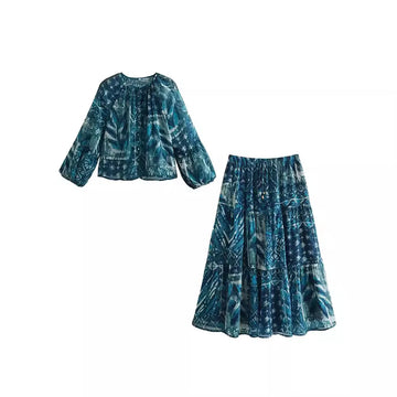 2024 New Women Long Skirt Set Casual Long Sleeve Print Shirts + High Waist Slim Ankle-Length Skirts Set