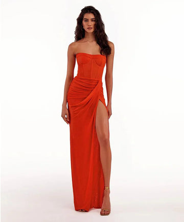 2023 New Summer Women Sexy Strapless Bodycon Mid-calf Bodycon High Split Dress Fashion Wedding Mermaid Celebrate Party Dress