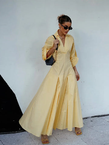 Elegant Office Women's Shirts Dressess Laple Waist Cinching Half Sleeve Pleated Female Robes 2025 Summer Fashion Lady Vestidos