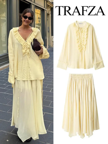 TRAFZA Women Elegant Skirt Suit Solid Long Sleeves Lace Loose Shirt+Zipper Pleated Pull Rope Decoration Casual Long Skirt Set