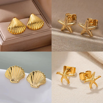Minimalist Starfish Shell Stainless Steel Stud Earrings for Women Gold Color Aesthetic Wedding Earring Summer Beach Jewelry Gift
