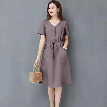 Elegant Cotton and Linen Women's Dress Draw String High Waist Breathable Midi Dresses Half Sleeve V-Neck A-Line Dress Summer