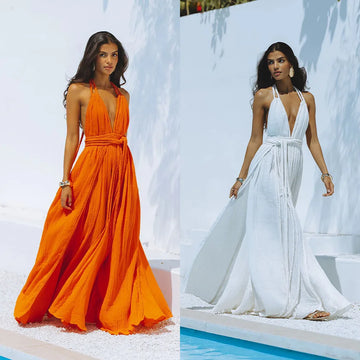 European And American Women's Vacation Blouse Sexy Backless Straps Solid Color Dress Belt Pendulum