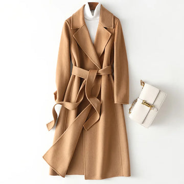 2025 Autumn 100% Wool Coats With Belt Fashion Open Stitch Elegant Woolen Cashmere Coat Veste Femme Tops