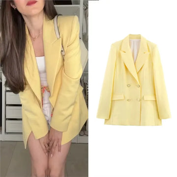 Fashion Yellow Blazer Woman Elegant Chic Pockets Double Buttons Long Sleeve Loose Coat 2025 New spring Office Lady Solid Suits