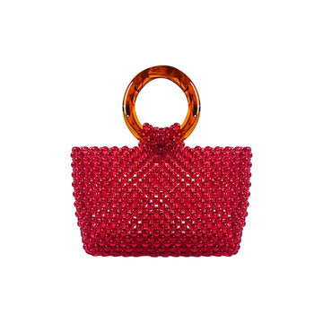 New personalized red bead handmade bead woven acrylic fashionable and versatile circular handle handbag for women