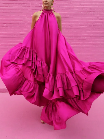 Bonboho Summer Women's Rose Red Maxi Dress Halter Neck Sleeveless Pleated Ruffled Party Dresses Female Casual Beach Dress