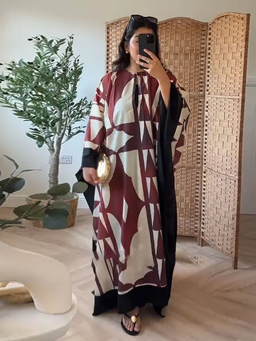 Casual Print Pleated Long Dresses Women Beach O-neck Full Sleeve Empire Female Holiday Dresses 2025 Summer Lady Elegant Robes