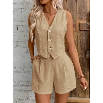 New Arrival Linen Summer Casual Commute Front Button Vest And Shorts Set V Neck Vest Autumn Clothing Women's Fashion Outfit