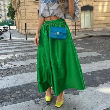 New Satin Green Half Length Skirt Women's Summer OL Office Lady Skirt Simple Casual High Waisted Large Swing Umbrella Skirt