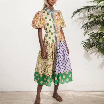 Pattern Printed Women Dress Summer Fashion Lace-Up Single-Breasted Casual Patchwork Turn-Down Lantern Short Sleeve Shirt Dresses