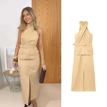 RAFZNB Fashion Crossover Design Midi Dresses for Women With Belt Sleeveless Long Dress Casual Female Elegant Party Dresses