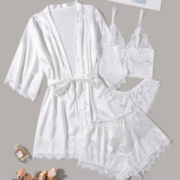 4PCS Women's Long Pajamas Set White Lace Satin Silk Night Lingerie Tops And Shorts Casual Sleepwear Loose Wedding Home Gown