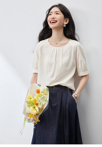 SENTUBILA Casual Women's Blouses 2025 Spring Summer Loose Fit O Neck Hollow-out Short Sleeve Simple Female Shirt 152V59089