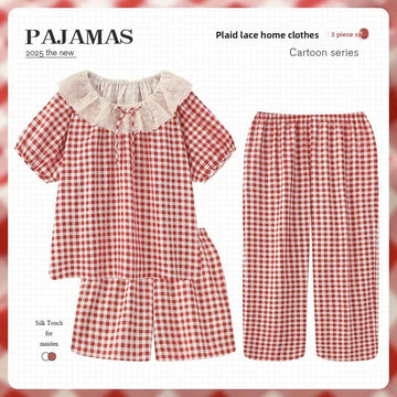 Comfortable Cotton Pajamas Women's Three-Piece Set Summer Oversize Home Clothes Sweet Cloud Plaid Design Breathable Nightgown