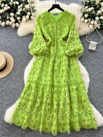 SINGREINY French Vacation Fashion Dress Women Buttons Hook Flower Hollow Out Design 2025 High Quality Lace Ruffles Long Dress