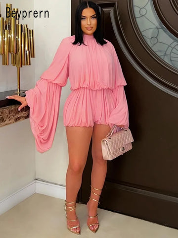 Beyprern New Chic Pink Ruffles Tierred Mesh Romper Cute Girls Batwing Sleeve Ruched Short Jumpsuit Loose Overalls Night Clubwear