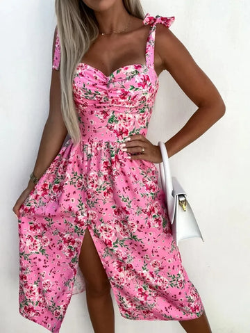 Women's Summer Fashion Vacation Casual Tie Dress Floral Printed Waist Split Sling Midi Dresses