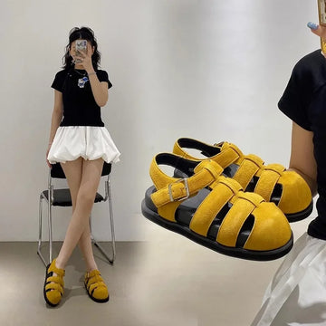 Yellow Thick Heel Backless Roman Style Sandals Women's Summer Casual Sports Breathable Korkusizades 2025 New Model