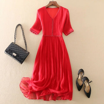 100% Real Silk Summer Dress Women Elegant Red Dresses For Women Clothing Office Lady Holiday Beach Dress Vestido De Mujer Zm274