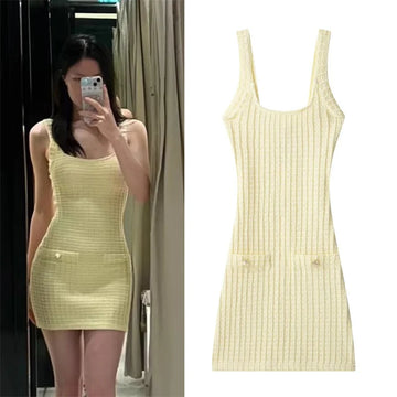 Women's Dresses New Summer 2025 Yellow Knitted Suspenders Stretch Cropped Mini Dress Sexy Hip Wrapping Personality and Fashion