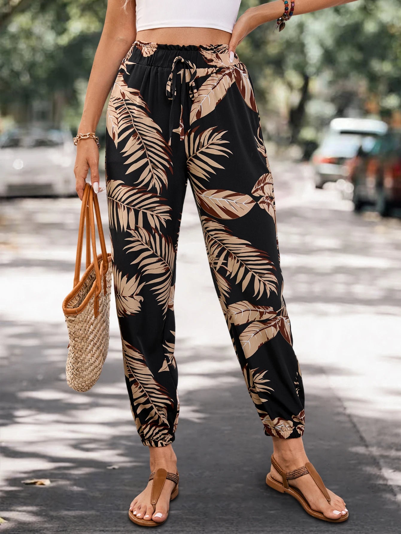 2025 Women's Fashion Summer Pocket Joggers Casual Loose Plant Print Pants Trousers