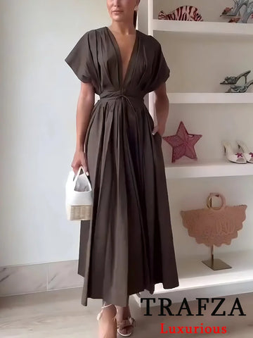 TRAFZA Vintage Casual Chic Solid Women Dress V-Neck Lace-up Draped Long Vestidos Fashion 2025 Summer Holiday Folds Loose Dress