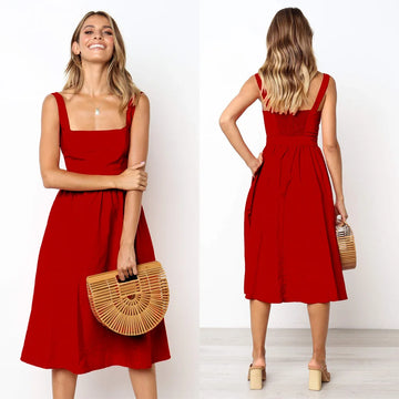 Women New Sexy Backless A-line Dresses 2021Fashion Spaghetti Strap Summer Beach Dress Casual Solid Sling Midi Dress Red Vestidos