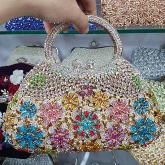 Gold Metal Pearl Top-Handle White Crystal Clutch Bag High Quality Women's Flower Diamond Wedding Bridal Handbags Fashion Bags
