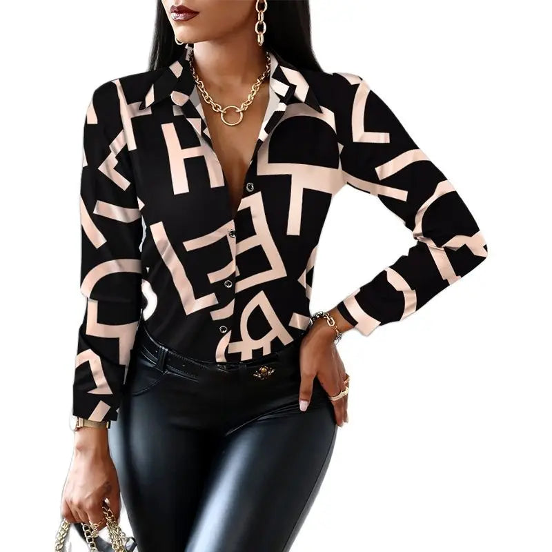 2024 Women Fashion Shirt Lady Long Sleeve Blouse Turn-down CollarButton Design Print  Casual Shirts