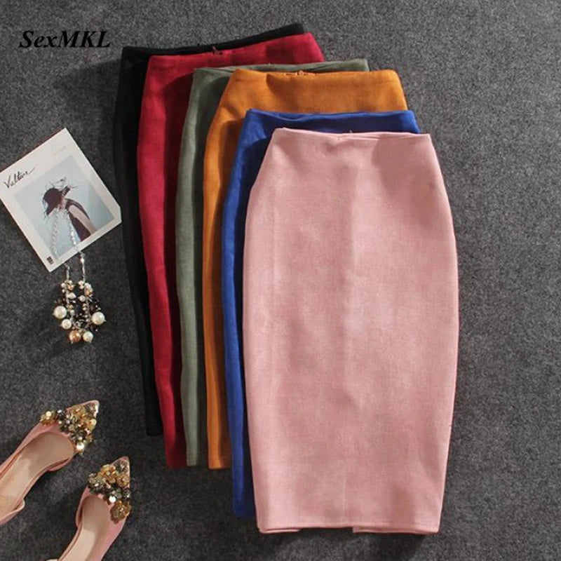 Winter Sexy Bodycon Suede Skirts 2025 Fashion Knee Length High Waist Office Skirt Korean Women Clothes Elegant Slim Pencil Skirt