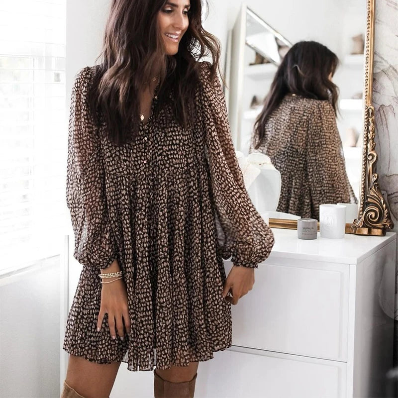 Lantern Sleeve Dot Print Ruffles Women Dress 2025 Casual V-neck Long Sleeve Button Mini Dress Ladies Elegant Party Dress Vestido