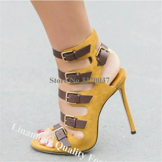 Linamong Western Fashion Open Toe Brown Straps Stiletto Heel Gladiator Sandals Pacthwork Cut-out Buckles High Heel Sandals Heels
